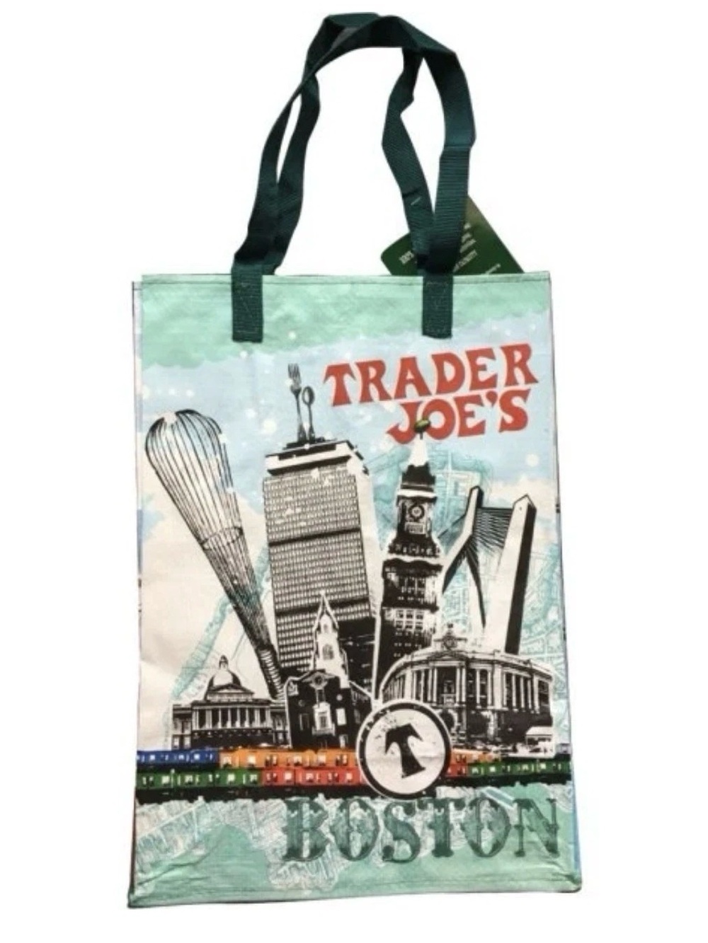 NEW Trader Joe's Boston Reusable Tote Bag - Teal, Green, Red